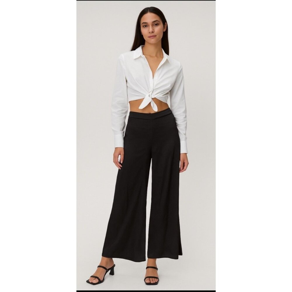 Caroline Constas Black Satin Wide Leg Pants Small (READ)  Rise Pockets 1B